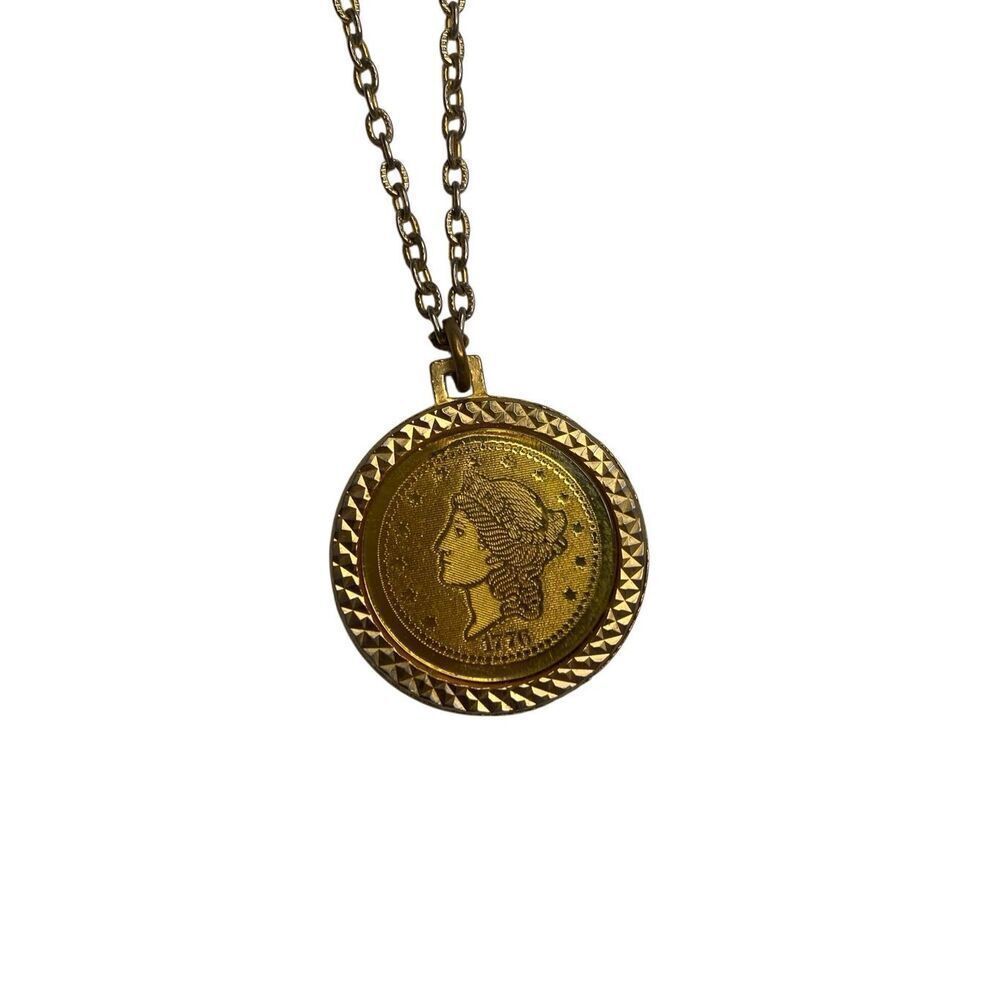 Vintage Coin Pendant Necklace Faux Liberty Twenty Dollar Medallion Gold Tone